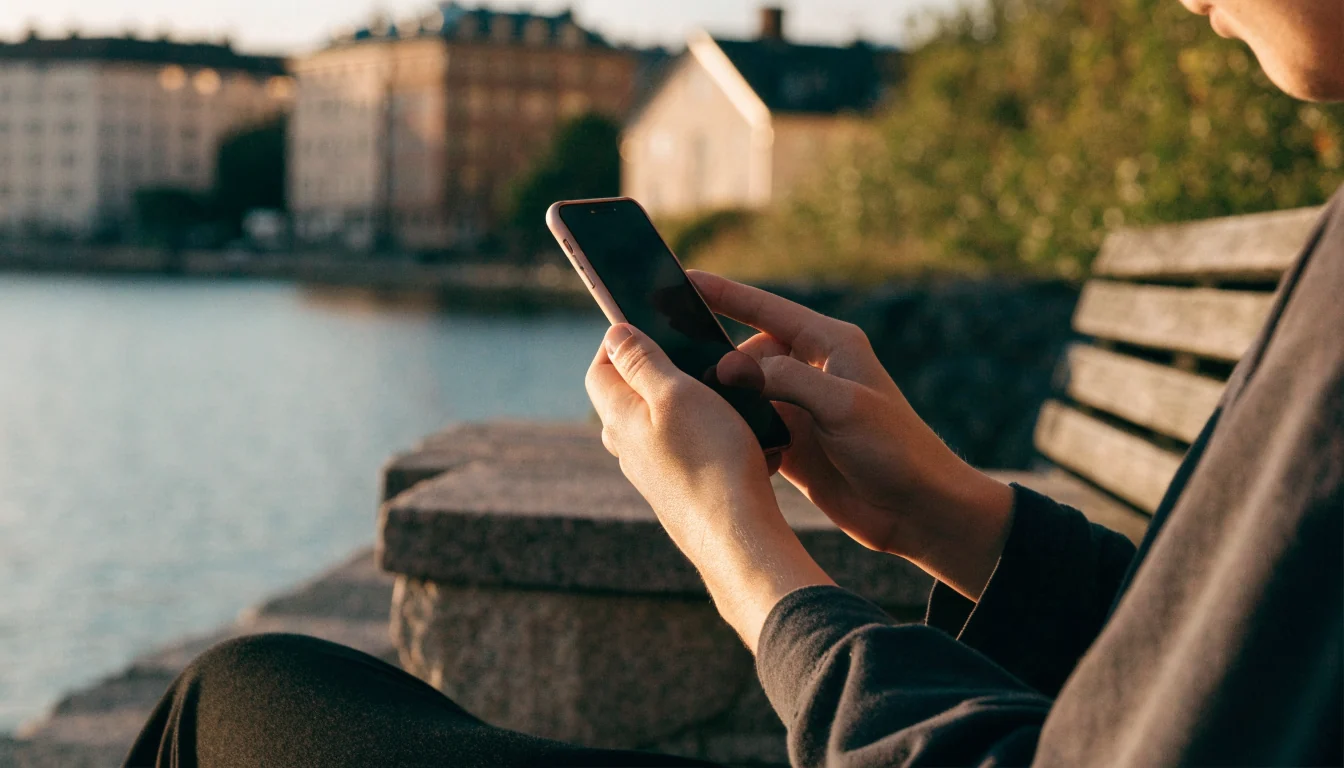 Suomalainen pelaaja mobiilikasinoa puhelimella Helsingin rannalla