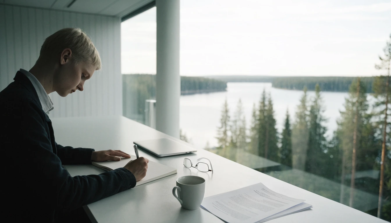 Suomalainen toimittaja arvioi sisältöä työpöydällä järven ja metsän ikkunanäkymällä