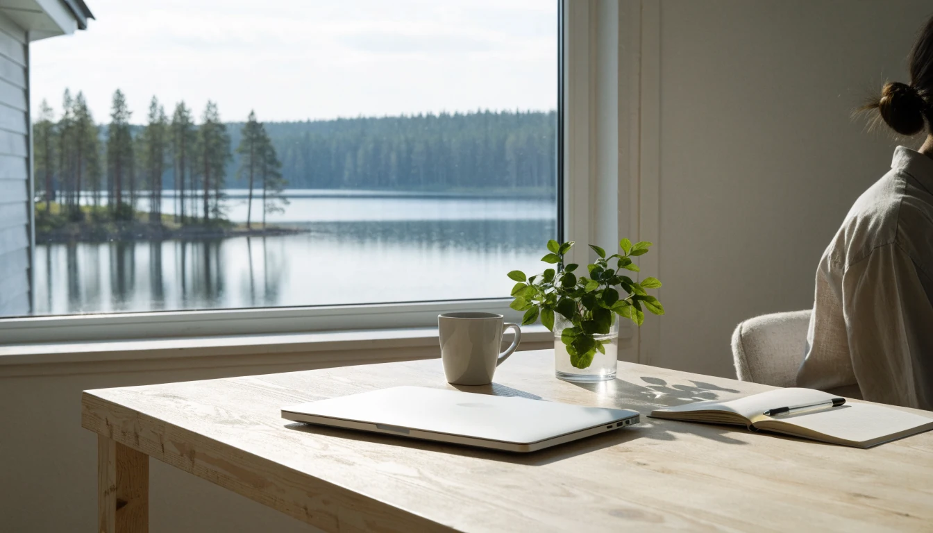 Skandinaavinen kirjoituspöytä, jossa kannettava tietokone, kahvikuppi ja muistikirja