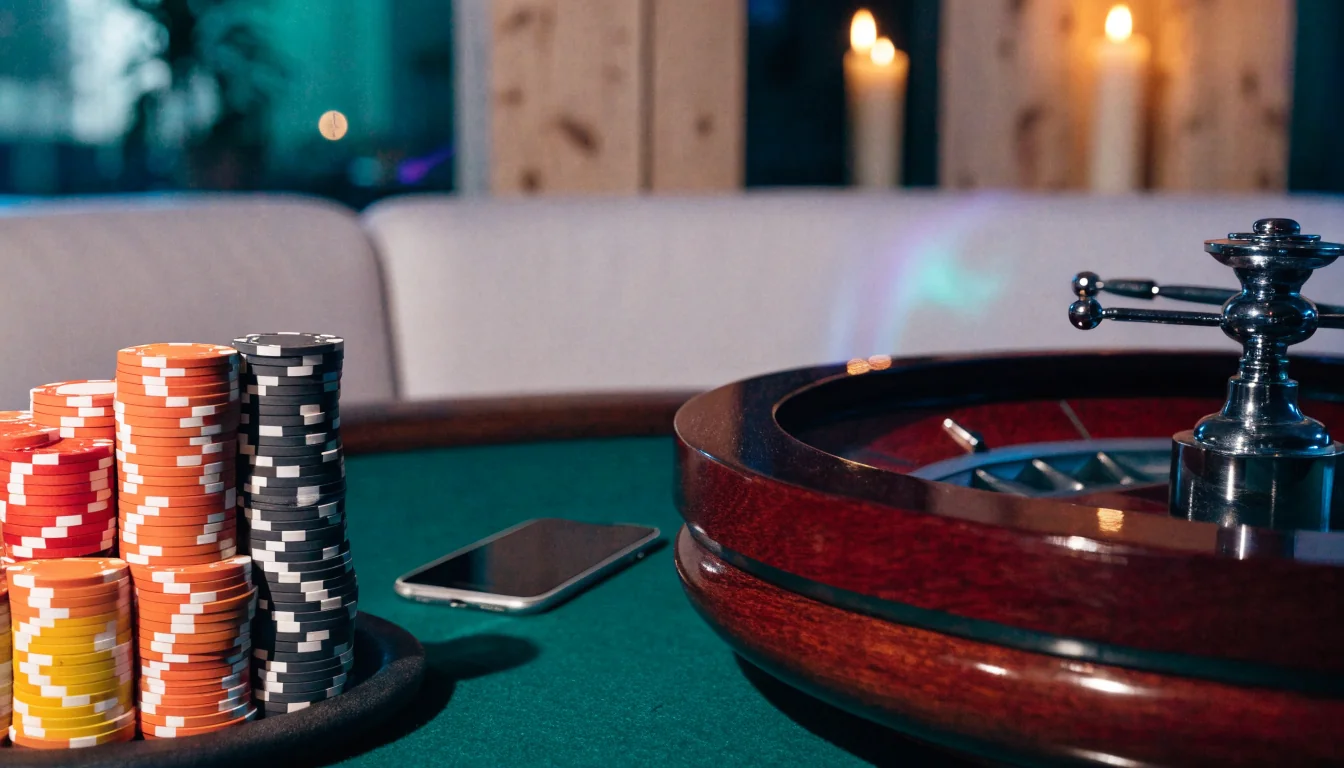 Casino-pöytä värikkäillä pelimerkeillä ja ruletilla skandinaavisessa tunnelmassa