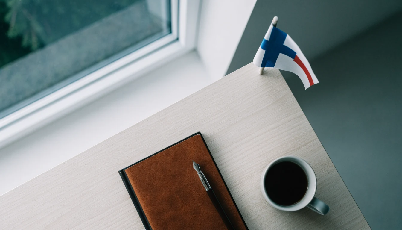 Minimalistinen pohjoismainen työpöytä, jossa muistikirja, kynä ja kahvikuppi.