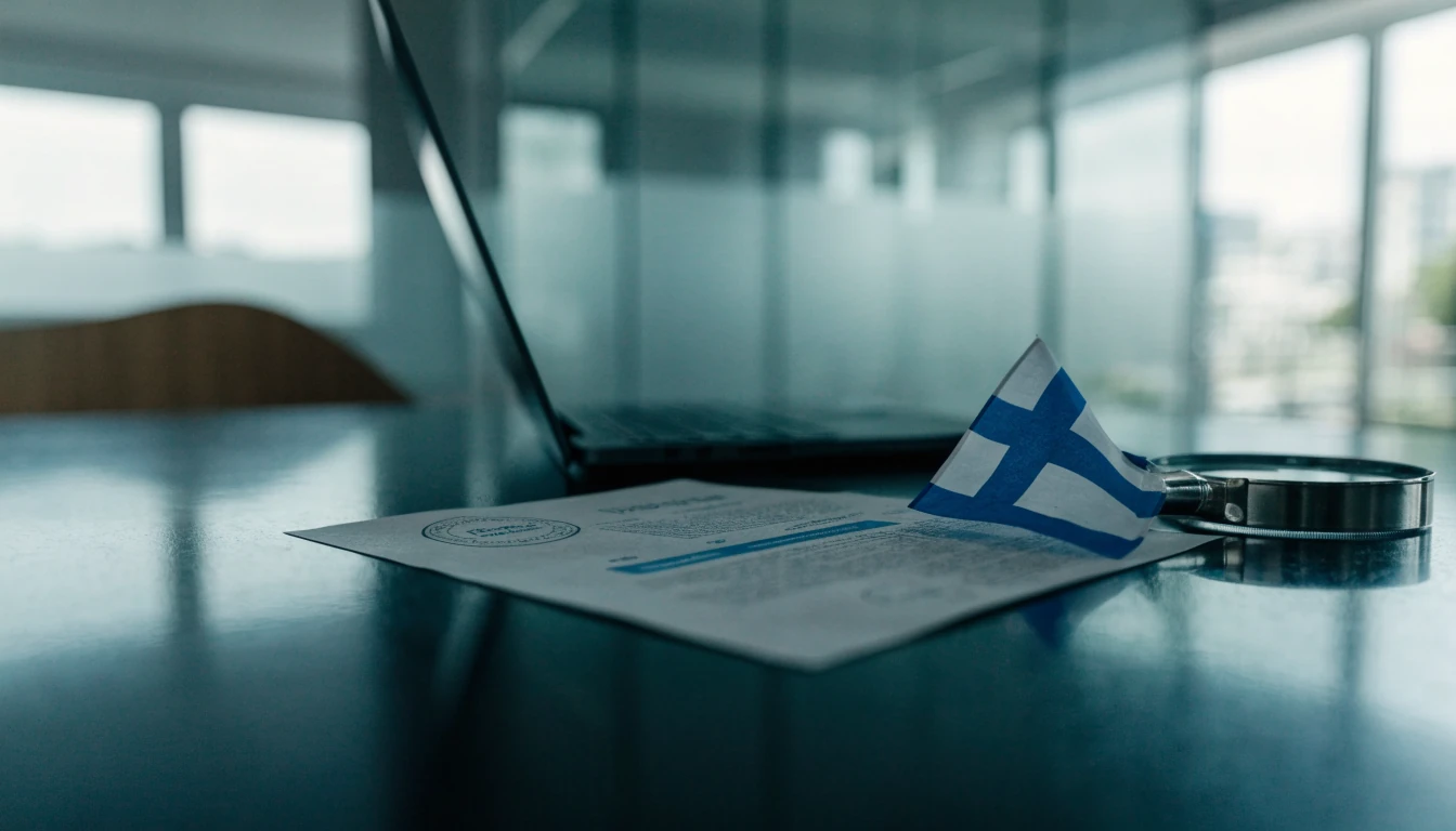 Virallinen pelilisenssitodistus pöydällä suomalaisessa toimistossa